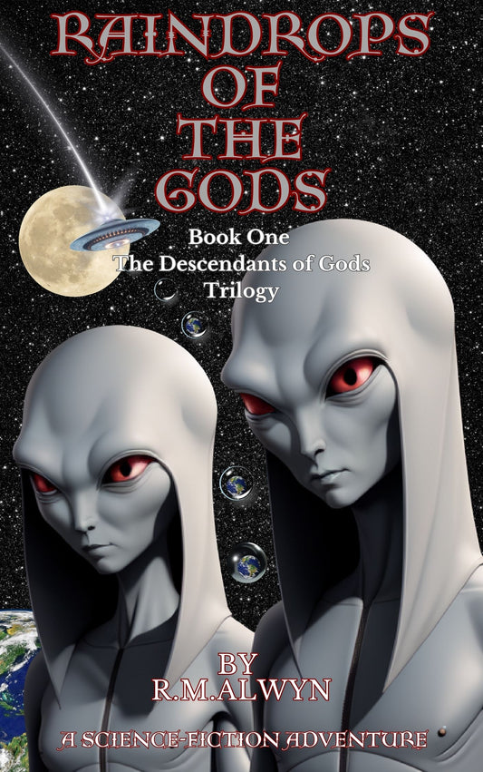 Book cover of 'Raindrops of the Gods' with two alien figures and a UFO against a starry background.
